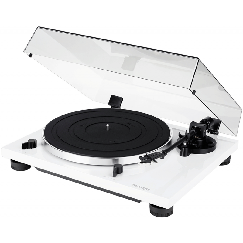 Thorens TD201 - TD 201 platine vinyle blanc laqué cellule Audio-Technica AT3600 courroie pré-ampli vue droite