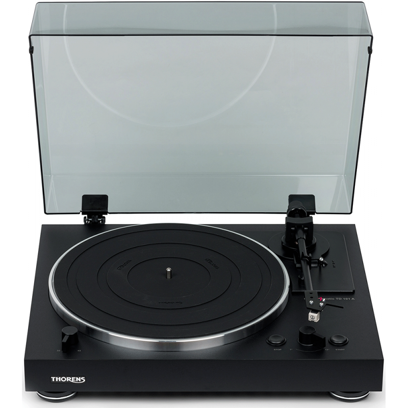 Thorens TD101A TD 101 A platine vinyle automatique pré-ampli cellule audio-Technica AT3600 vue face capot ouvert